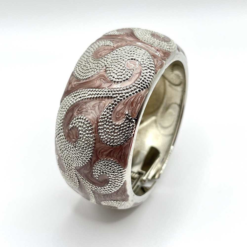 Vintage Mauve Purple Swirl Enamel Silver Tone Hinged Clamper Bangle Bracelet